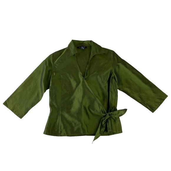 SilkLand Womens Green Shirt Size 4P Petite 3/4 Sleeve 100%Silk Blouse Tie/button - Picture 5 of 16